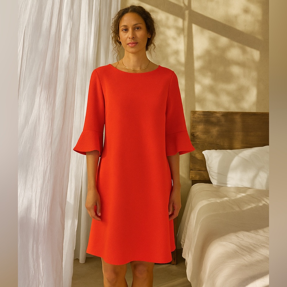 Paris Sunday Pique Ponte Knit Orange Dress 3/4 Flounce Sleeves M